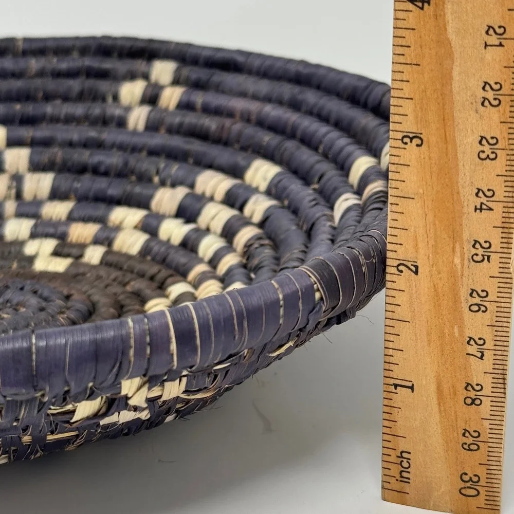 Vintage Handwoven Coiled Basket Bowl Black & Natural Tribal Woven 9